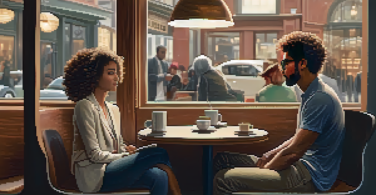 A woman with curly hair and a man with glasses engaged in active listening in a coffee shop, demonstrating a warm and cooperative negotiation environment.