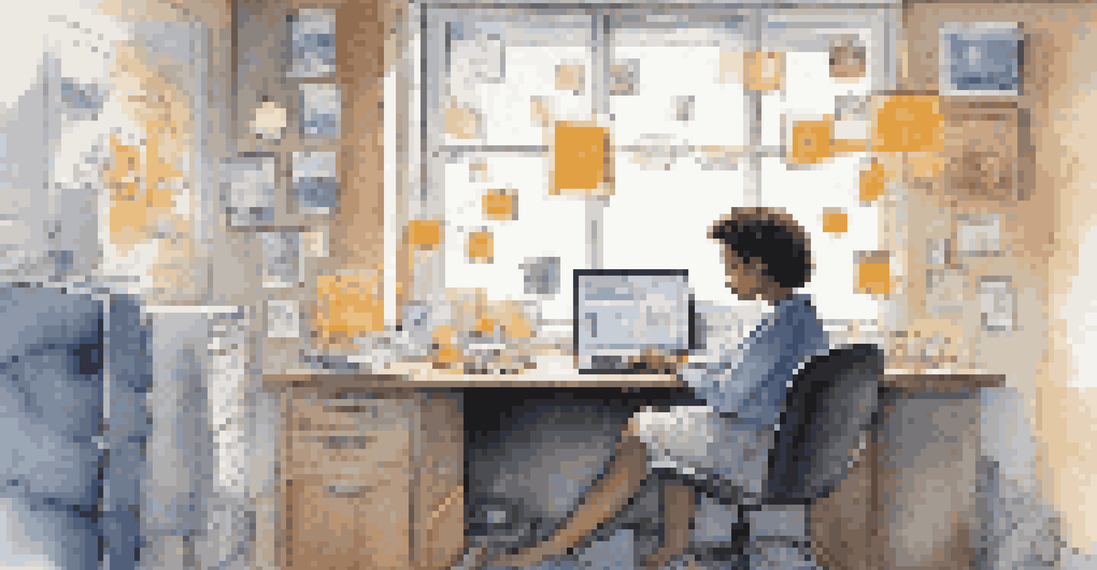 A person at a desk, focused on overcoming challenges in virtual networking, with technology icons floating around them and soft light coming from a window.