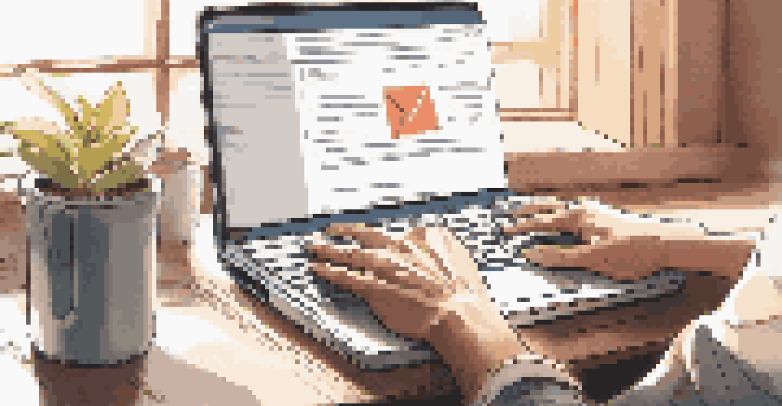 A close-up of hands typing a follow-up email on a laptop in a bright, organized workspace.