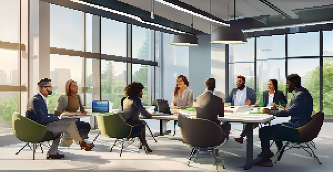 A diverse group of employees in a collaborative meeting, smiling and engaged around a modern conference table.