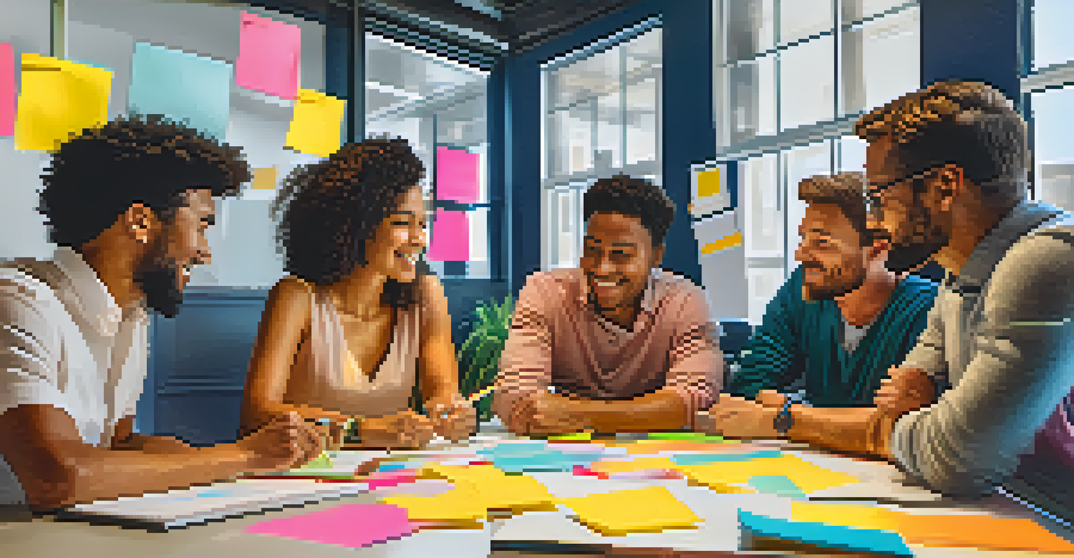 A diverse group of colleagues collaborating around a table, sharing ideas and brainstorming with sticky notes and a whiteboard.