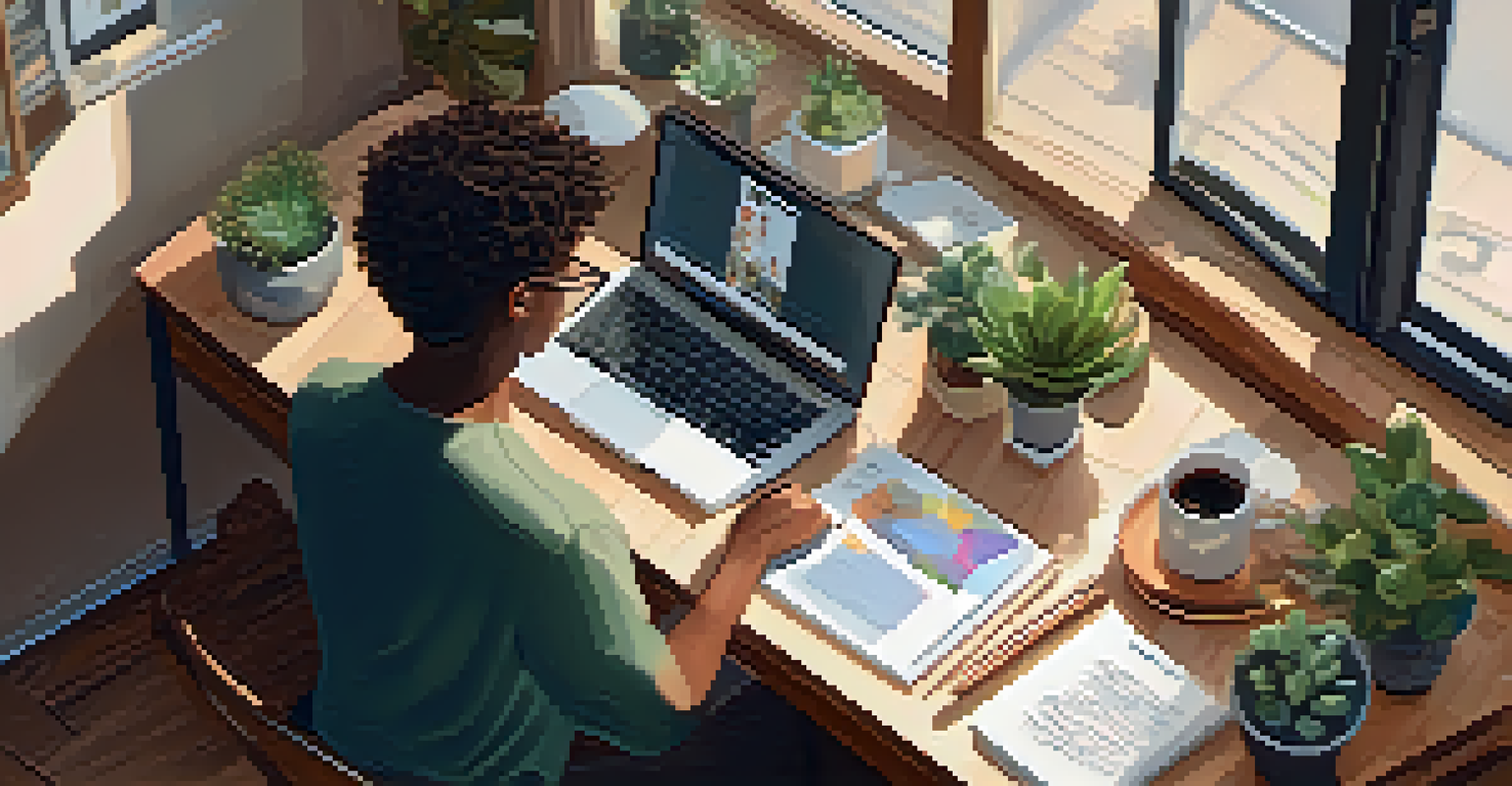 An overhead view of a person in a cozy home office engaging in online networking with a laptop and notebook.