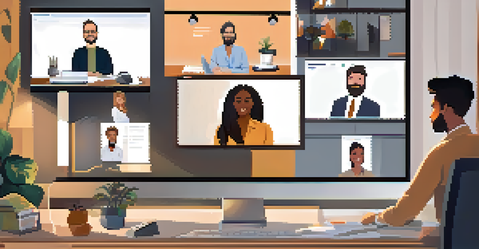 A video conference featuring diverse professionals in their home offices, engaging in discussion with charts displayed on the screen.
