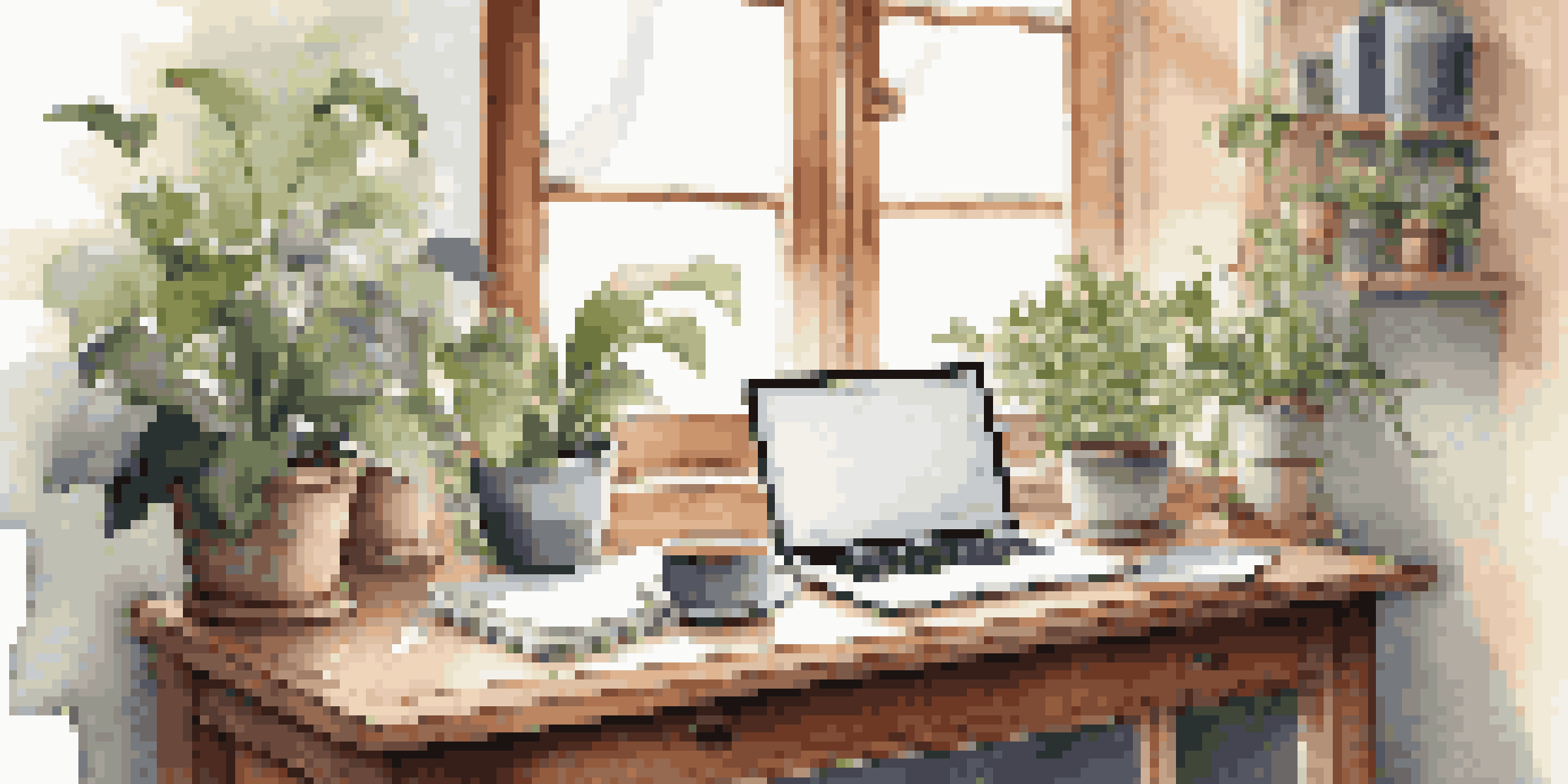 A calm workspace with a wooden desk, laptop, plants, and a cup of tea, illuminated by soft natural light.