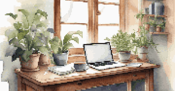 A calm workspace with a wooden desk, laptop, plants, and a cup of tea, illuminated by soft natural light.