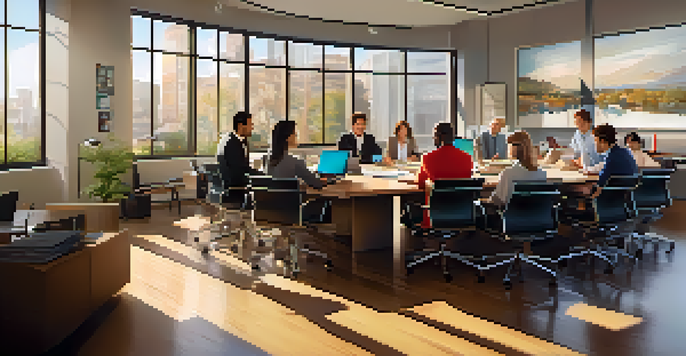 A diverse group of professionals collaborating in a modern office setting with natural light and motivational posters.