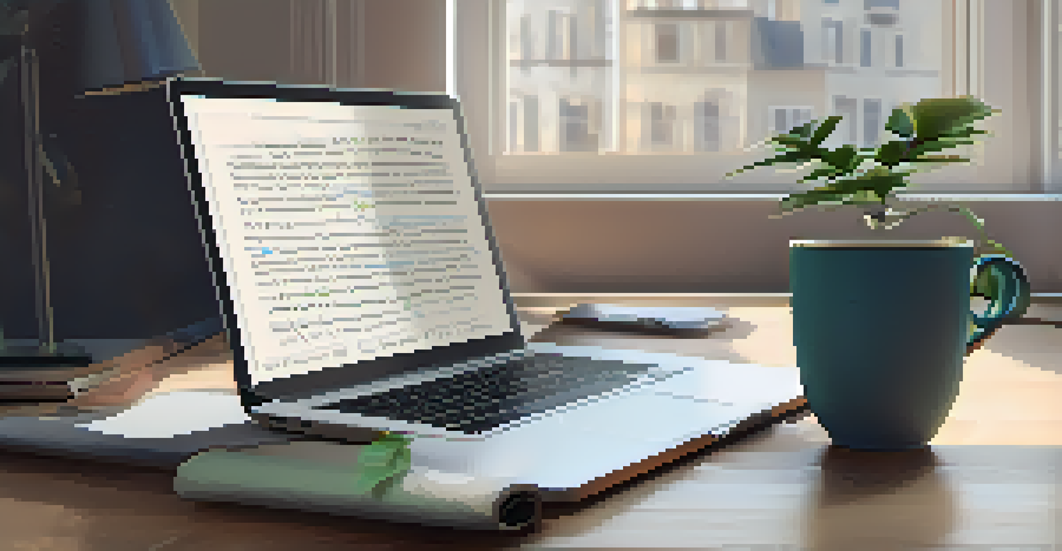 Close-up of hands typing on a laptop with a notebook and coffee cup, in a well-organized workspace with morning light.