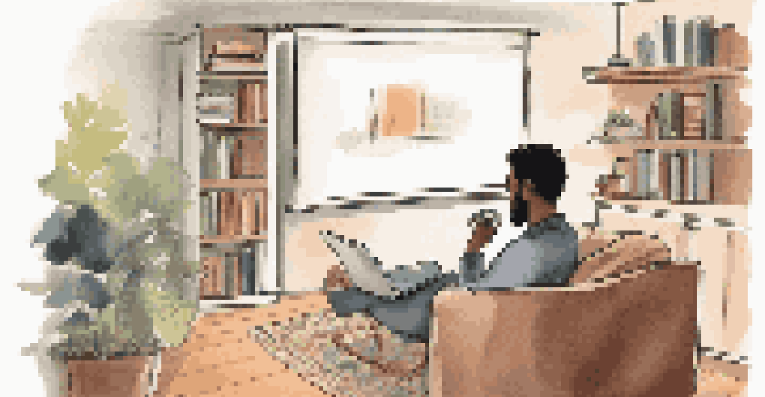 A person in a cozy living room using a laptop to present a personal story, showing enthusiasm and focus.
