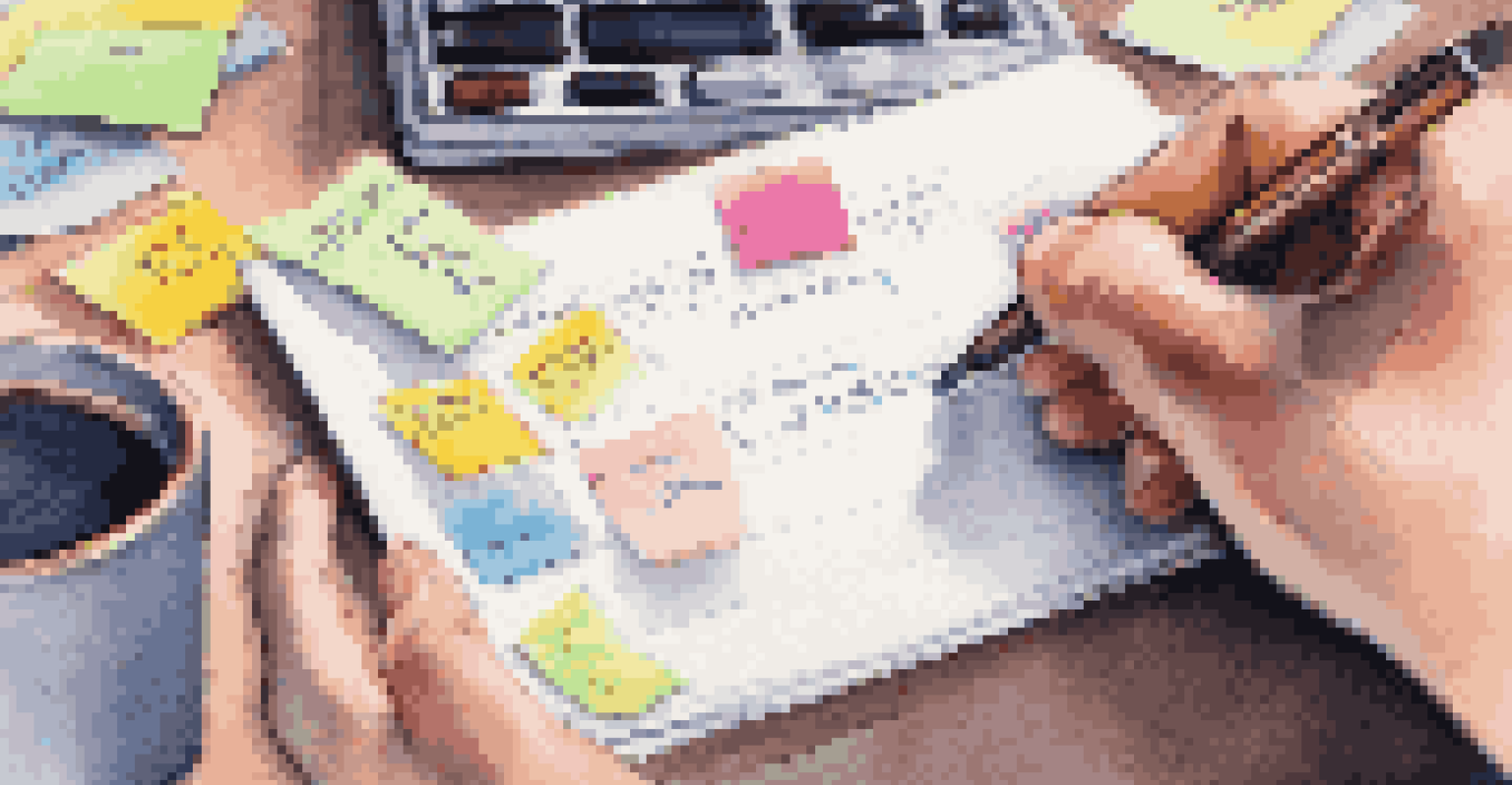 A close-up of a hand writing feedback on a notepad with sticky notes and a laptop in a warm-lit environment.