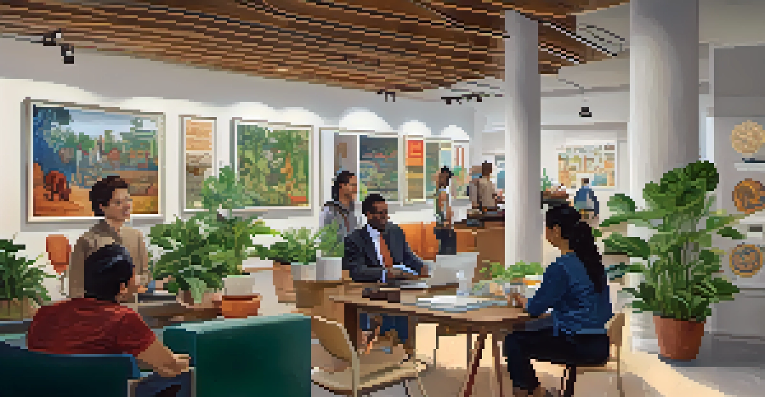 An inviting office space filled with cultural artifacts, where diverse employees engage in a friendly discussion, surrounded by colorful artwork and plants.