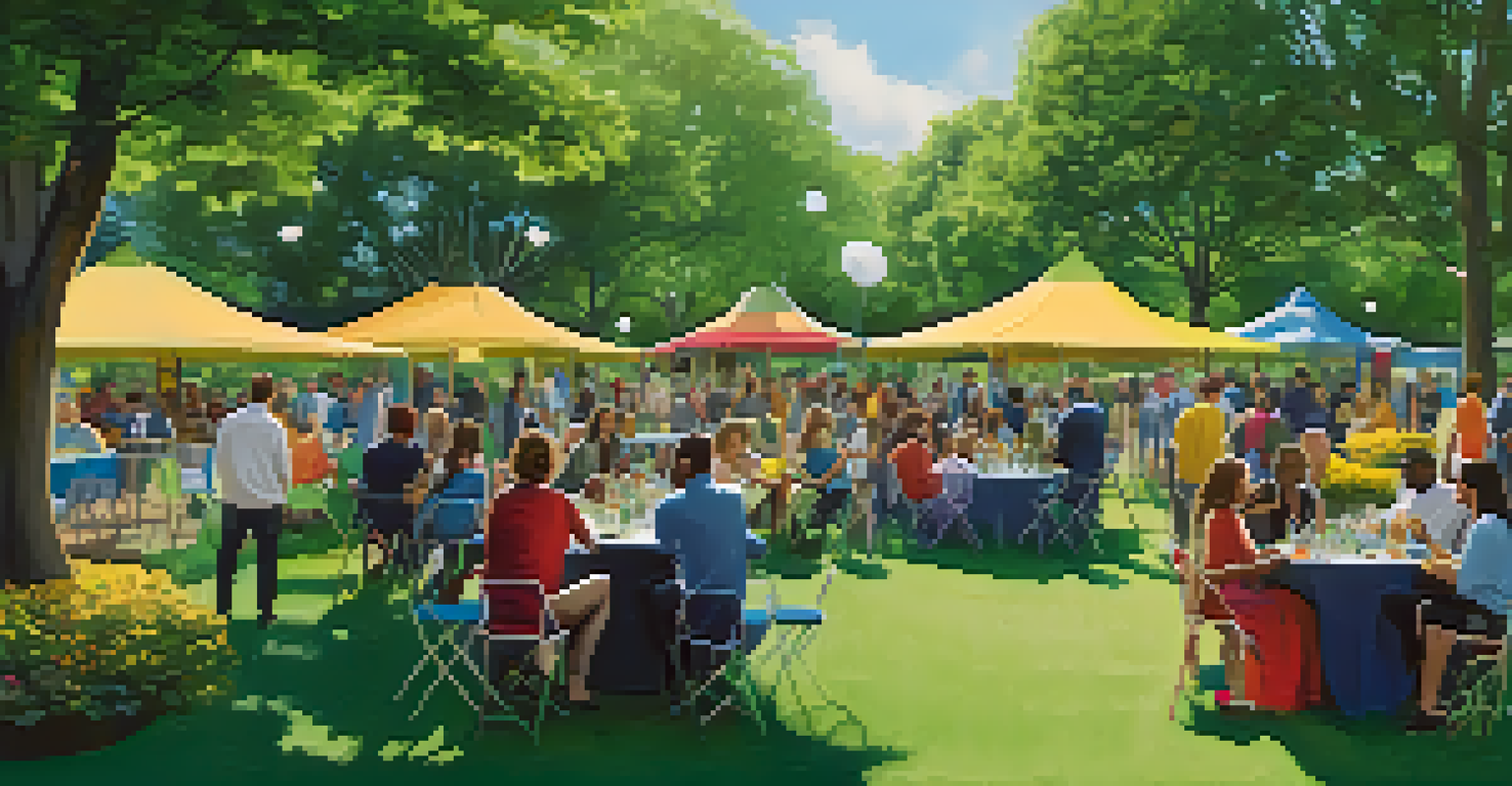 A networking event in a park with diverse people conversing and enjoying refreshments.