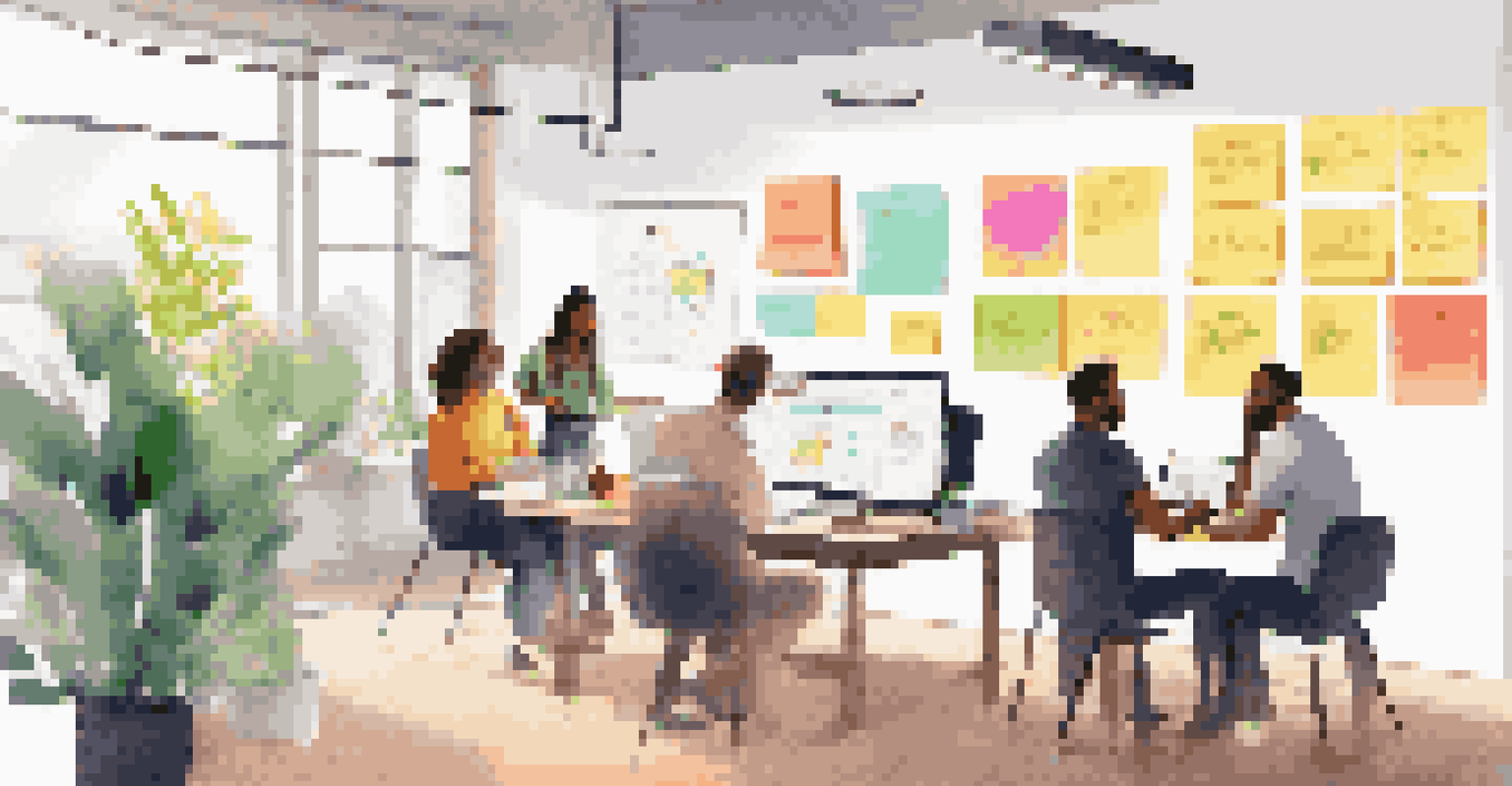 A group of team members collaborating on a digital whiteboard with sticky notes in a bright workspace.
