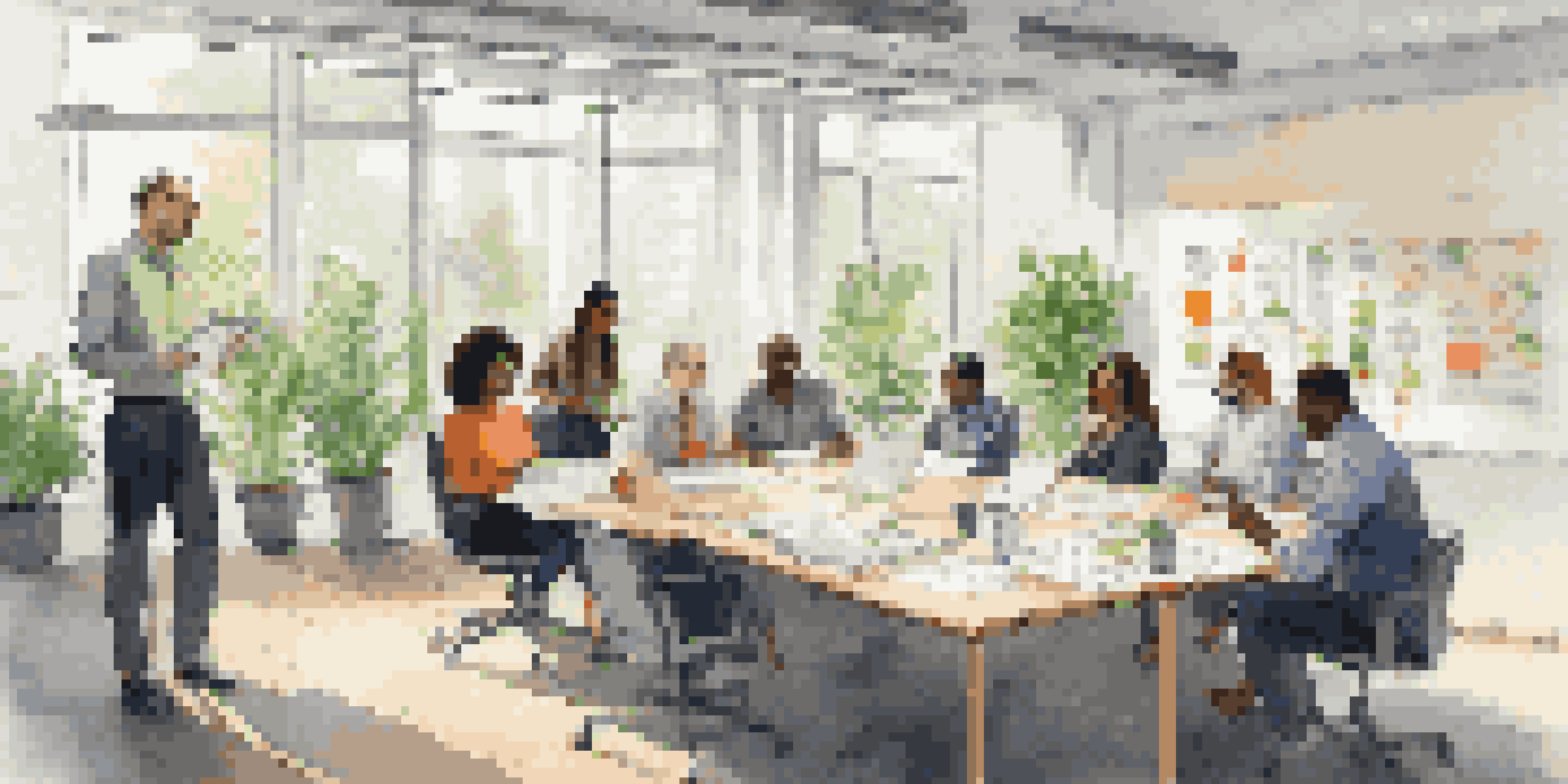 A diverse group of employees collaborating in a bright office environment, engaged in discussion with a whiteboard in the background.