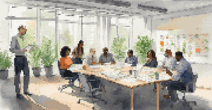 A diverse group of employees collaborating in a bright office environment, engaged in discussion with a whiteboard in the background.