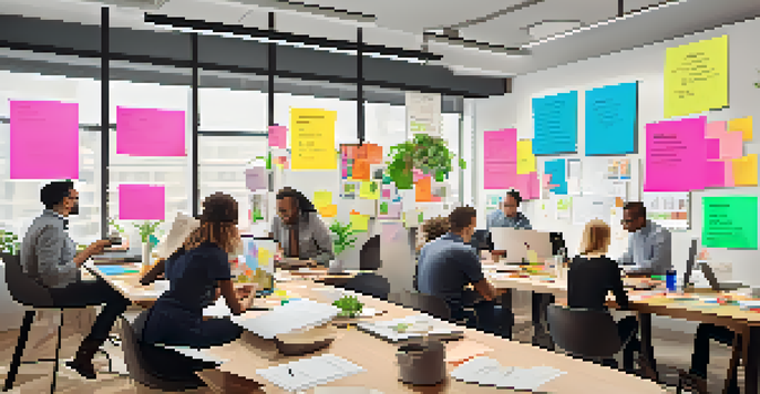A diverse group of professionals collaborating around a table with sticky notes and laptops in a bright office space.