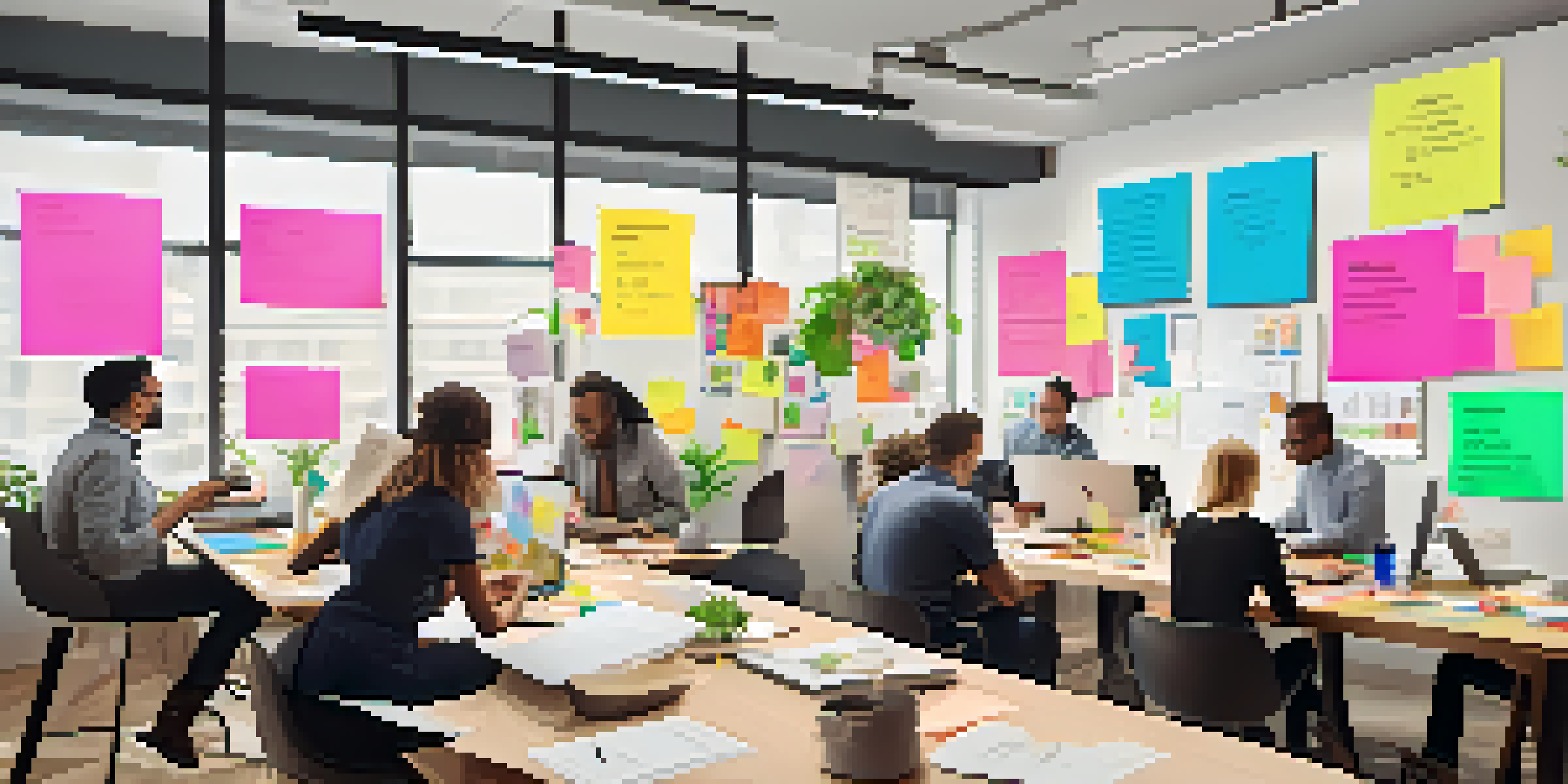 A diverse group of professionals collaborating around a table with sticky notes and laptops in a bright office space.