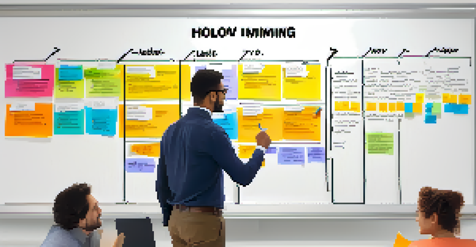 An illustrated timeline on a whiteboard depicting the hiring process steps, with a person pointing at the follow-up stage, in a bright and collaborative office environment.