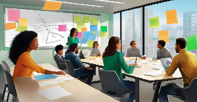 An agile leader leading a brainstorming session in a bright office, with team members engaged and colorful post-it notes on the whiteboard.