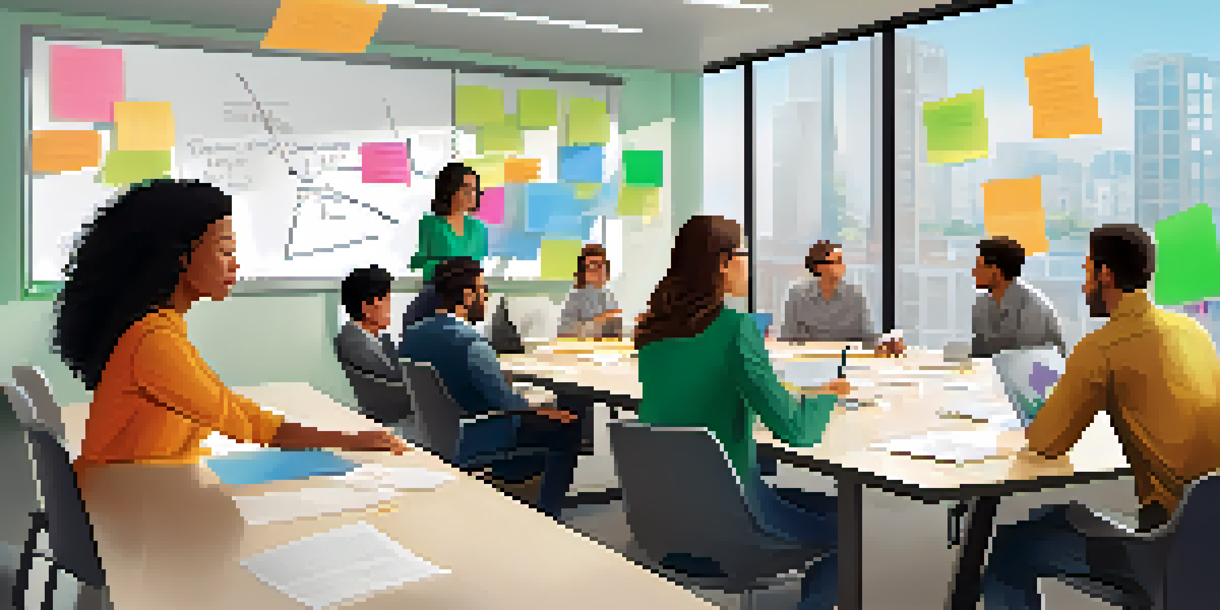 An agile leader leading a brainstorming session in a bright office, with team members engaged and colorful post-it notes on the whiteboard.