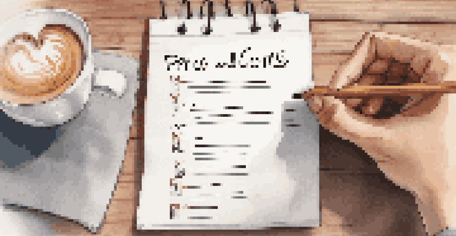 A hand writing a pros and cons list on a notepad in a coffee shop.
