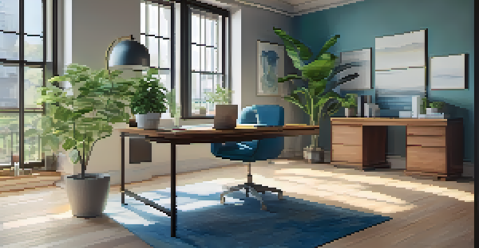 A modern office space with a desk, laptop, plants, and a large window, filled with natural light and soft shadows.