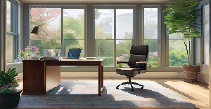 A bright home office with a view of a colorful garden, featuring a laptop and a potted plant on the desk.