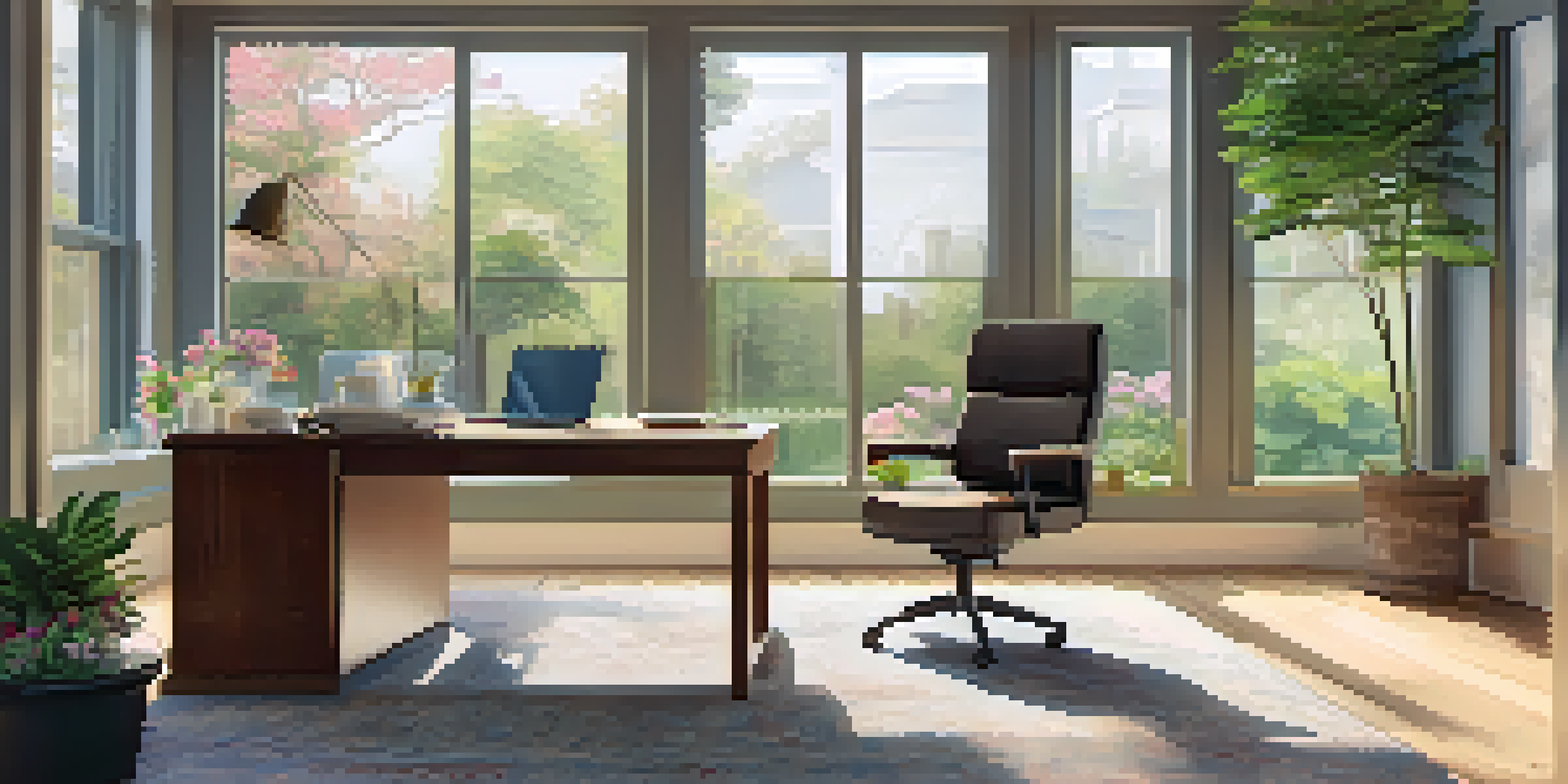 A bright home office with a view of a colorful garden, featuring a laptop and a potted plant on the desk.