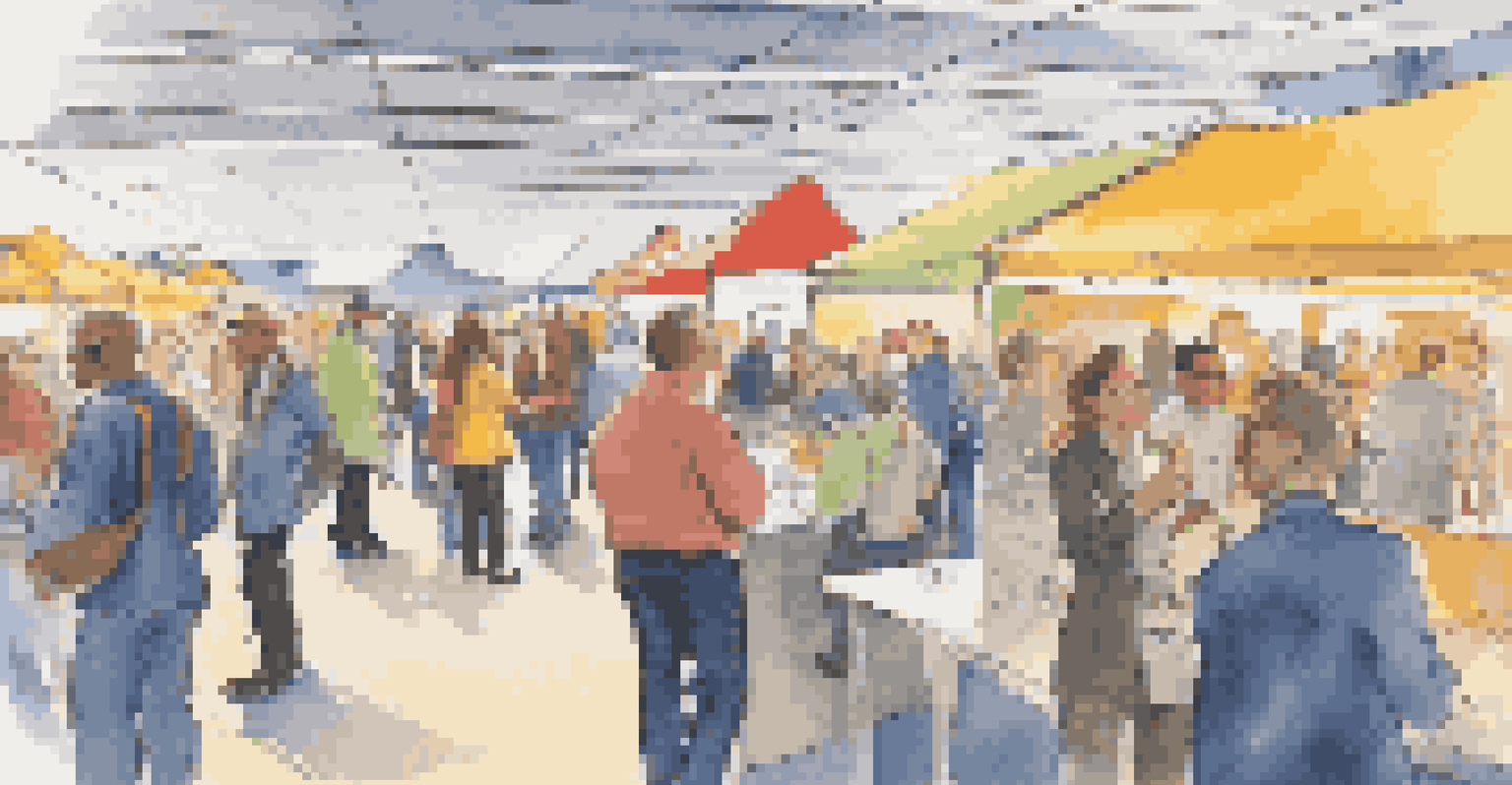 A researcher observing a lively job fair with job seekers and employers interacting at colorful booths.