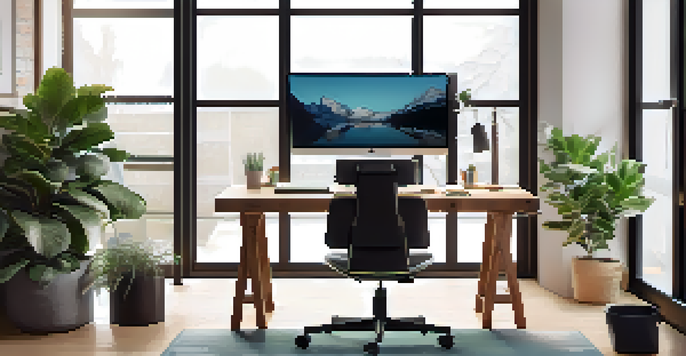 A modern ergonomic office workspace with a standing desk and an adjustable chair, illuminated by natural light.