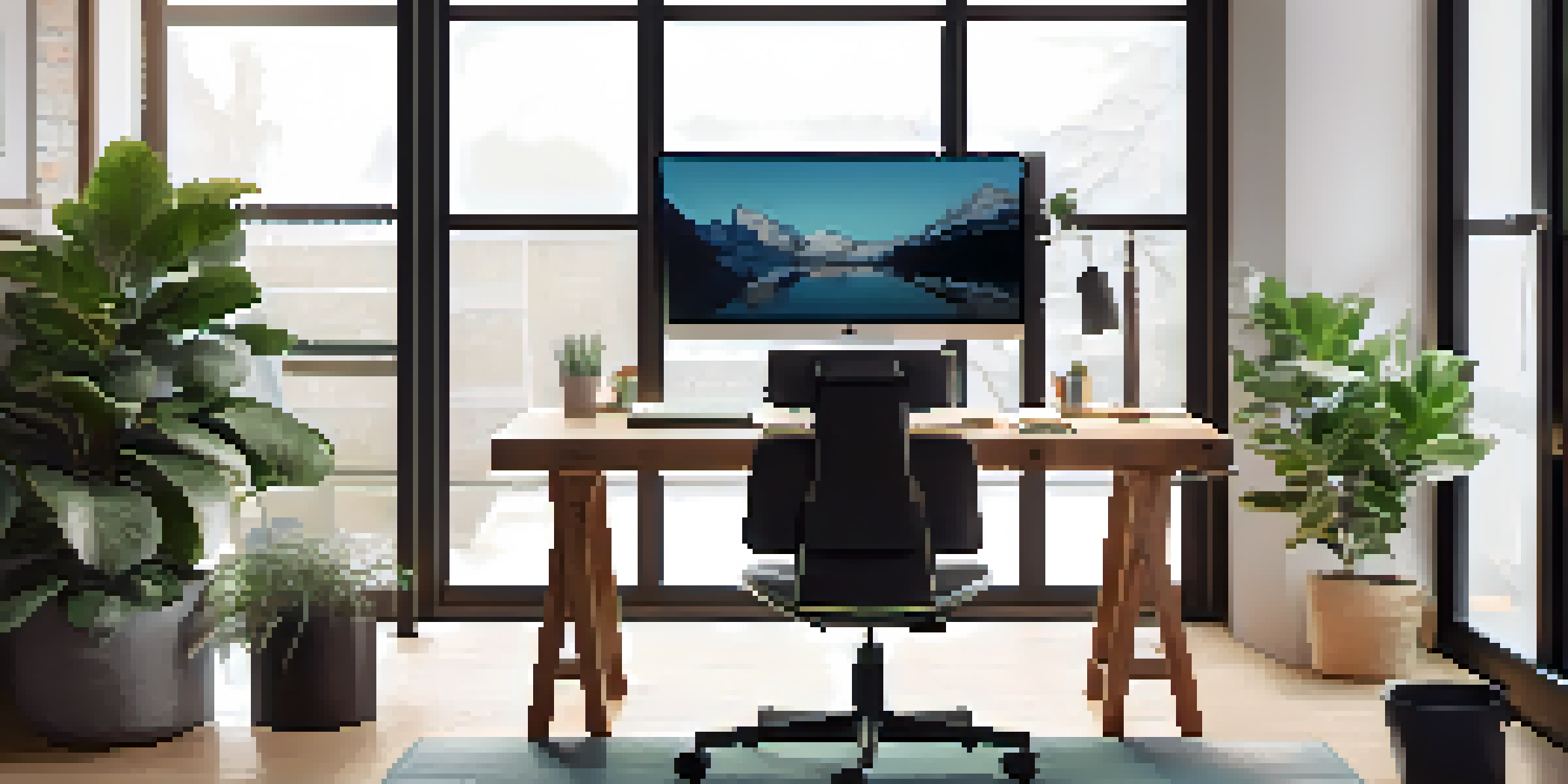 A modern ergonomic office workspace with a standing desk and an adjustable chair, illuminated by natural light.