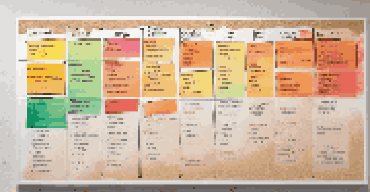 A colorful timeline chart on a wall with sticky notes marking goal stages, alongside a vision board filled with motivational imagery.