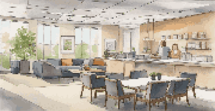 A cozy break room with employees enjoying snacks and conversation.