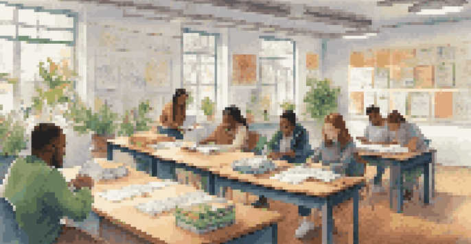 A diverse group of adult learners collaborating in a bright classroom, with notebooks and laptops on their desks, surrounded by educational posters and plants.