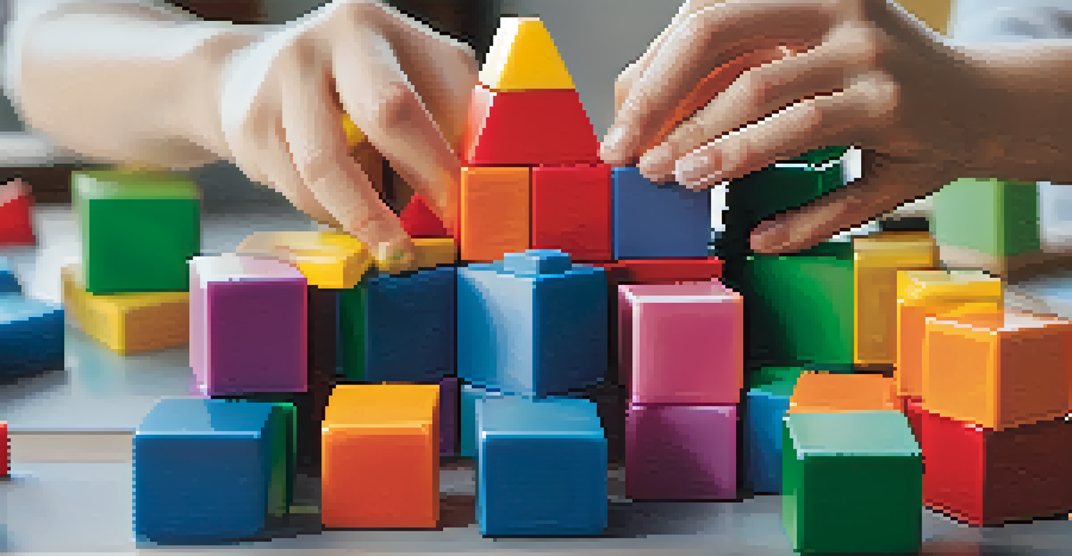 A close-up of hands arranging colorful building blocks, symbolizing teamwork and innovation.