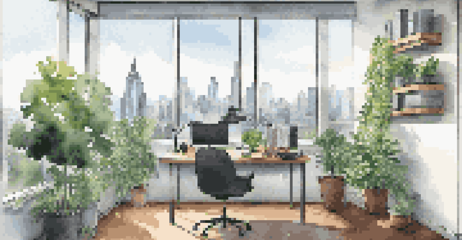A modern office workspace with a city skyline view, featuring a laptop, notebooks, and plants.