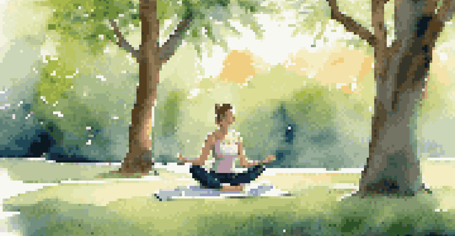 A freelancer practicing yoga in a park, surrounded by greenery and sunlight filtering through trees.