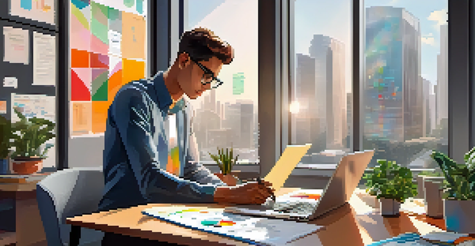 A young professional working at a desk with a laptop, surrounded by indoor plants and bright sunlight.