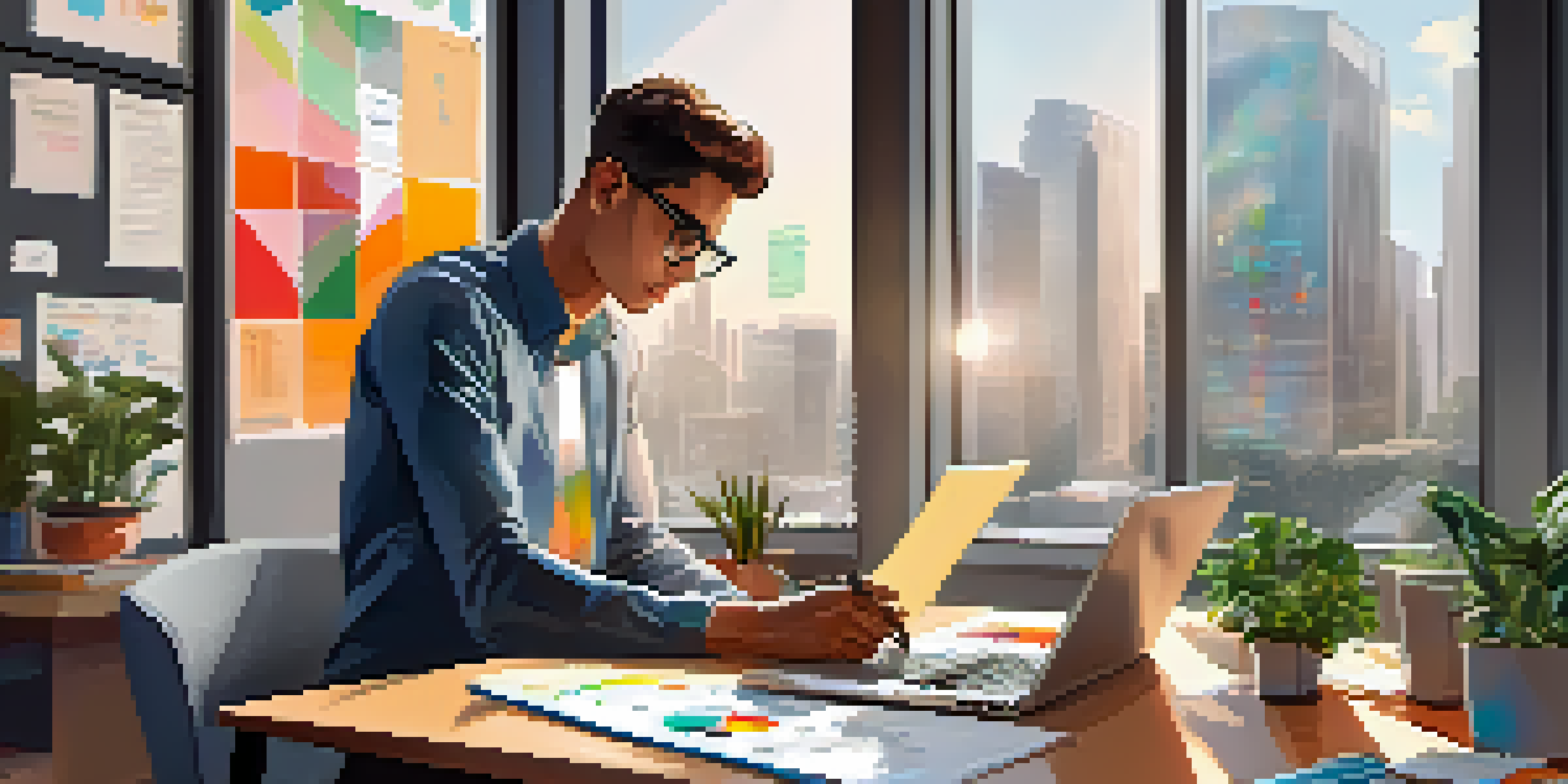 A young professional working at a desk with a laptop, surrounded by indoor plants and bright sunlight.