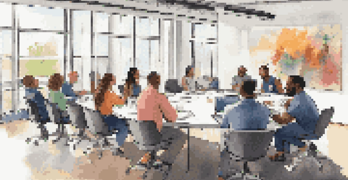 A diverse group of employees in a bright meeting room, collaborating around a conference table with laptops.