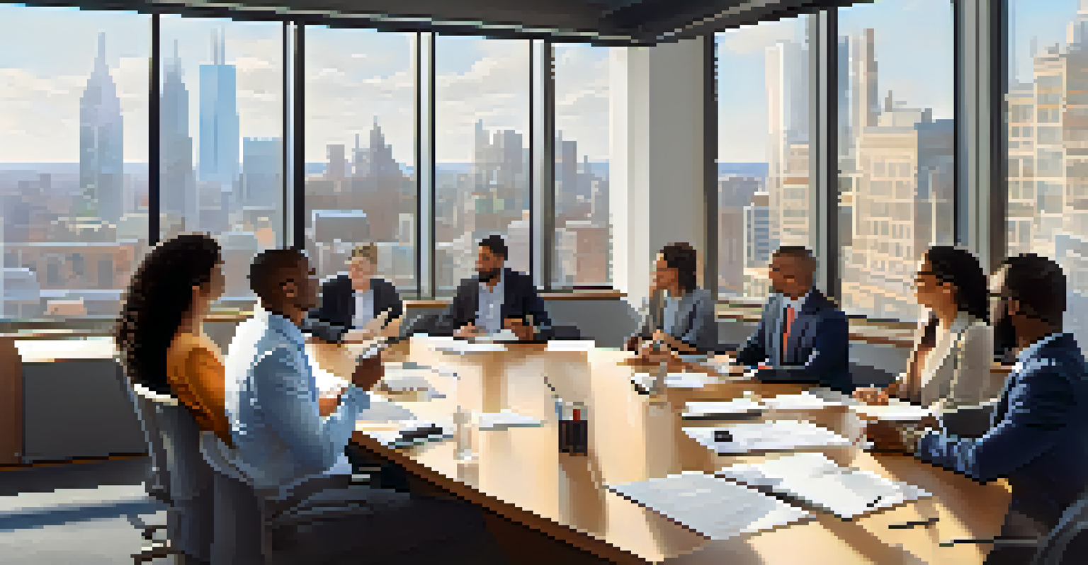 A diverse group of professionals engaged in a lively discussion in a bright conference room with a cityscape view.