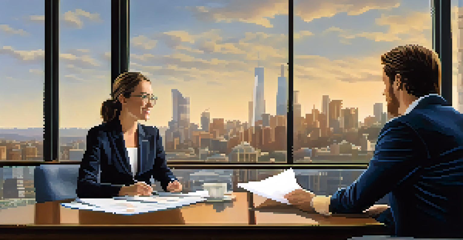 A confident job candidate presenting their skills in an interview, with a hiring manager and a city skyline in the background.