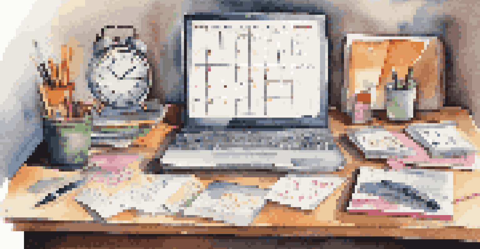 An organized desk featuring a calendar, sticky notes, and a clock, illuminated by natural light.