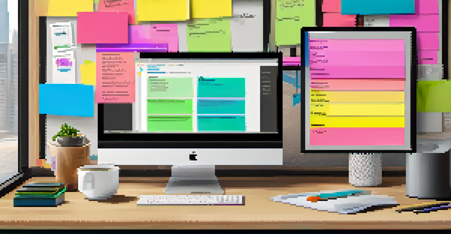 A digital workspace with a computer displaying project management tools, colorful sticky notes, and motivational decor.