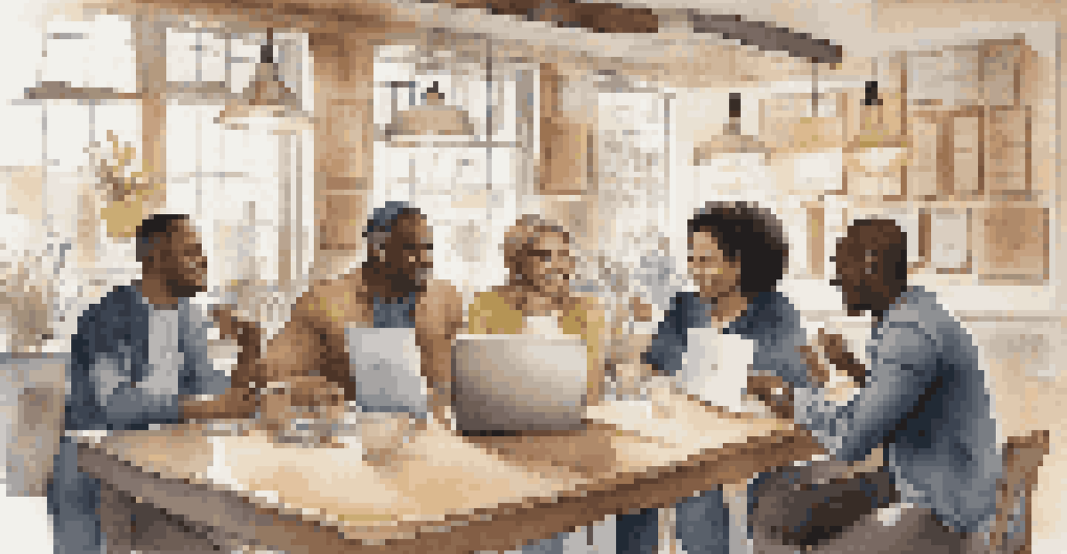 A diverse group of people discussing career development in a warm café setting.