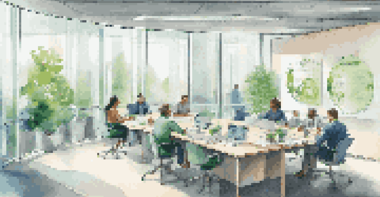 A diverse group of professionals working together in a bright office space, discussing CSR initiatives with infographics on the walls.