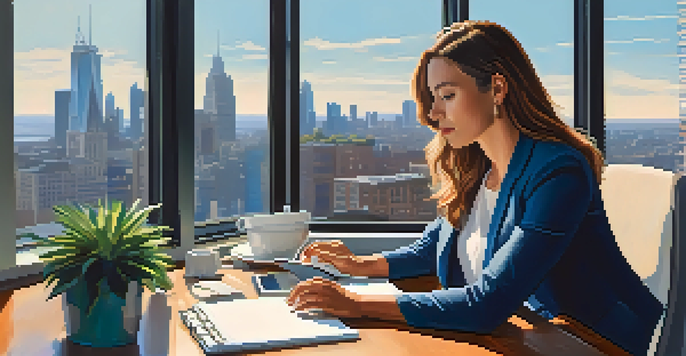 A professional woman engaged in work at a modern desk with a city view, laptop, and coffee cup.