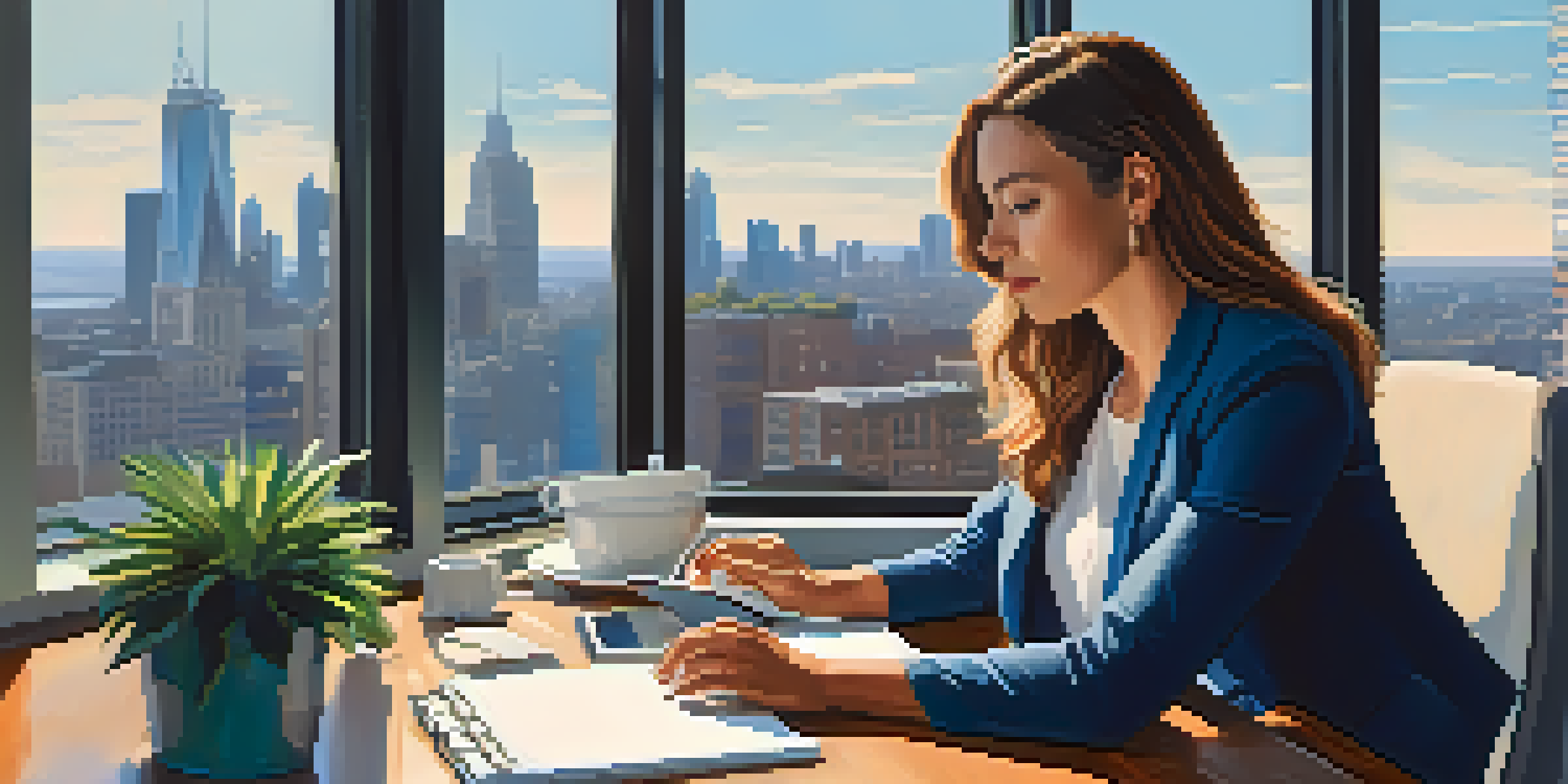 A professional woman engaged in work at a modern desk with a city view, laptop, and coffee cup.