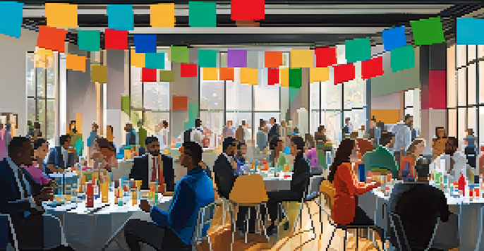 A lively networking event where freelancers are talking and sharing ideas, with colorful banners and warm lighting.