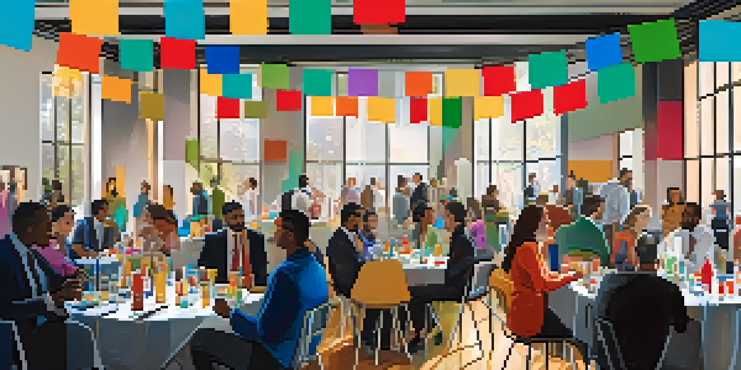 A lively networking event where freelancers are talking and sharing ideas, with colorful banners and warm lighting.