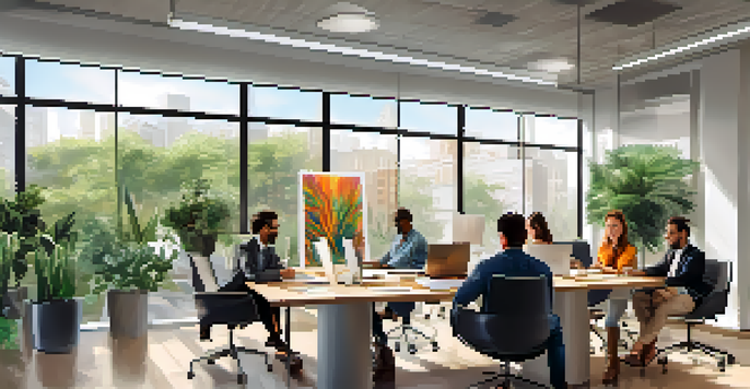 A diverse group of employees collaborating in a bright office environment, surrounded by plants and artwork.